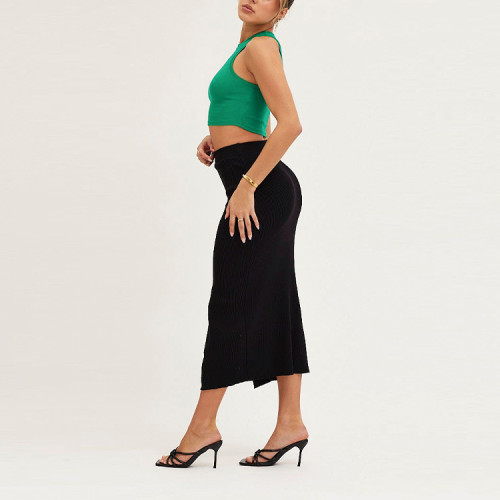 fashion ladies bottom slit front skirt custom color women black knitted midi skirts