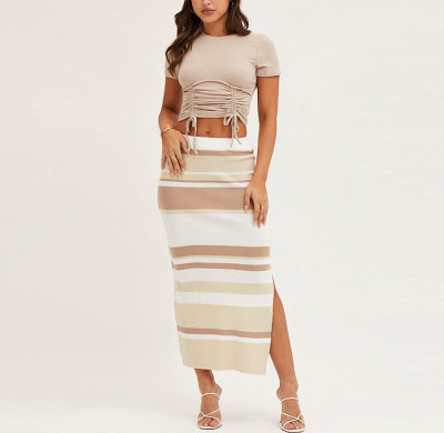 women's side slit skirt custom color striped elastic waist skirts casual for women