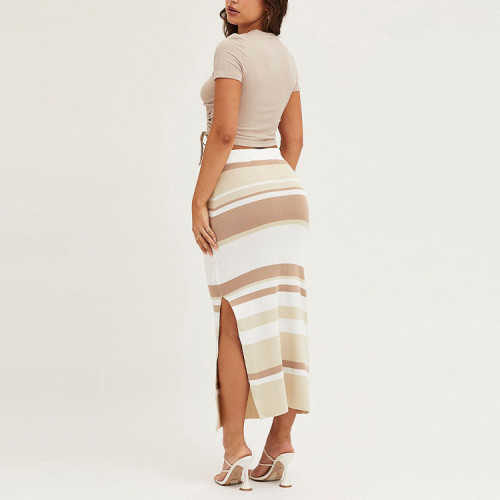women's side slit skirt custom color striped elastic waist skirts casual for women