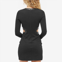 Custom women mini long sleeve cutout dress chic style black color bodycon fit faux leather trim