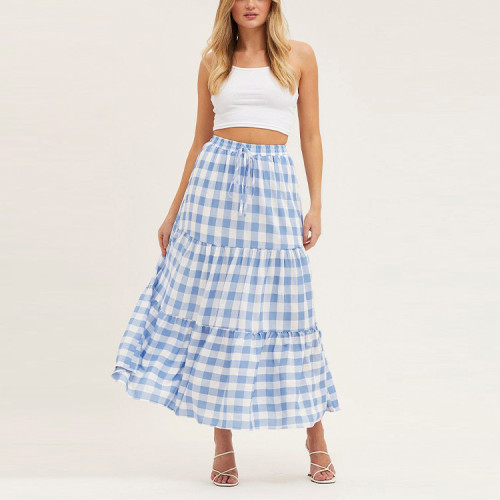Ladies casual style maxi plus size skirt women drawstring waist plaid long skirts casual summer