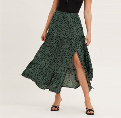 ladies casual side slit black dot midi skirt flounced  skirts for women summer