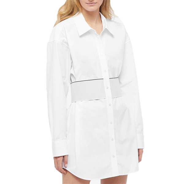 Fashion cotton white shirt dress button down with elasticated belted waistband long sleeve shirt dress women