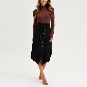 Custom women skirts curved hem midi skirt custom button front waist belt skirts for women