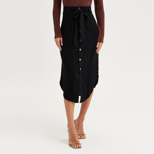 fashion ladies curved hem midi skirt custom button front waist belt skirts for women