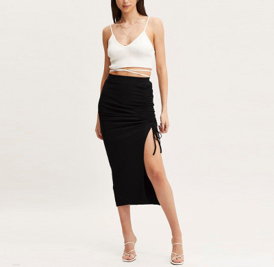 ladies fashion rib jersey side ruched midi skirt women elastic waist long tight skirts