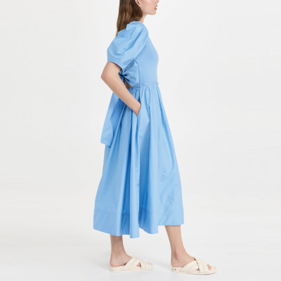OEM service puff sleeve high waist ladies dress custom cut-out detail midi dresses women fashion