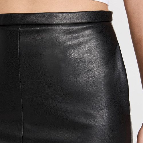 Factory wholesale ladies black midi skirts customized side pockets faux leather women skirts