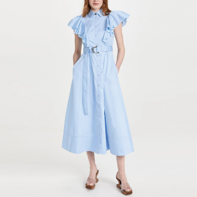 OEM dress | custom blue dress | women casual dresses | waist length dress | ruffle sleeve dress