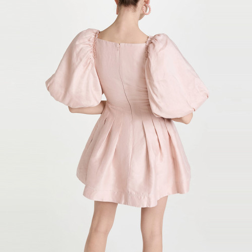 Summer puff sleeve mini dress wholesale custom side pockets twisted detail elegant women dresses