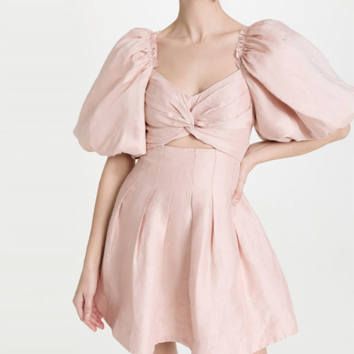 Summer puff sleeve mini dress wholesale custom side pockets twisted detail elegant women dresses