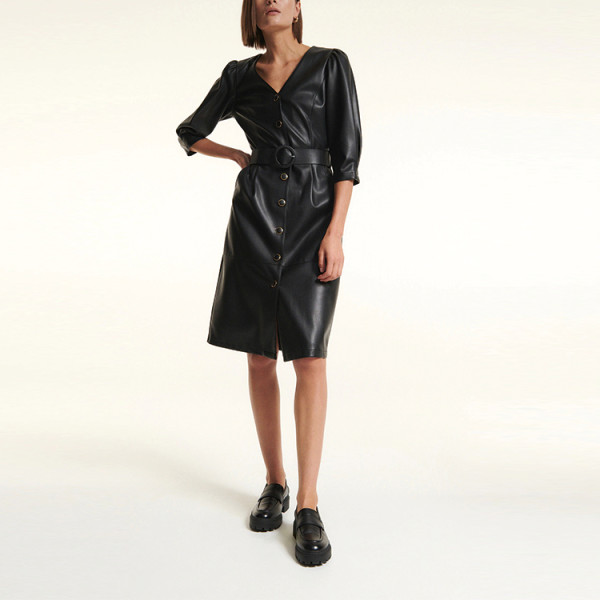 Wholesale ladies V-neck shirt dress custom color black button front belt detail faux leather dresses women casual