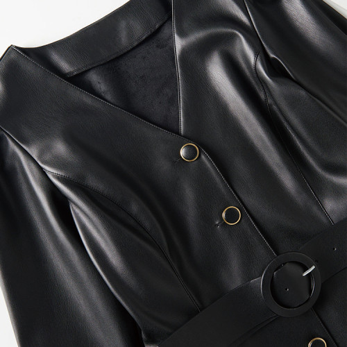Wholesale ladies V-neck shirt dress custom color black button front belt detail faux leather dresses women casual
