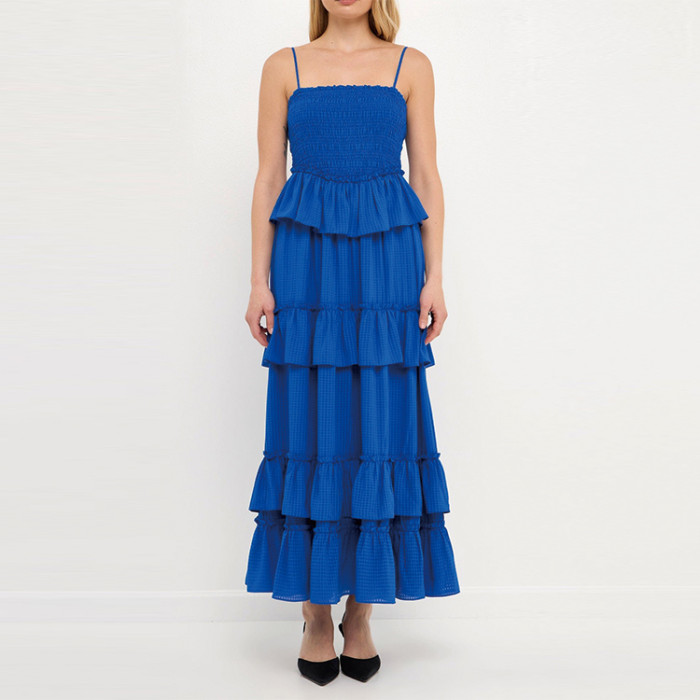 New arrival sleeveless off the shoulder ladies dress custom blue smocking detail ruffle layered maxi dresses women elegant