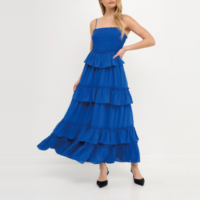 New arrival sleeveless off the shoulder ladies dress custom blue smocking detail ruffle layered maxi dresses women elegant