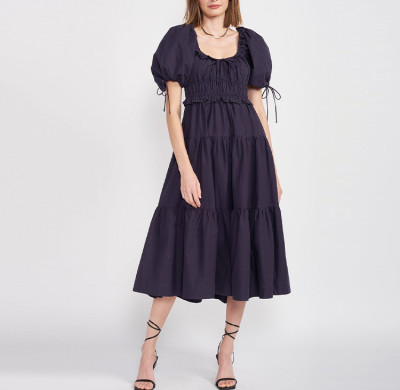 Women clothing short puff sleeve smocking waist ruffle detail black midi dresses women custom design