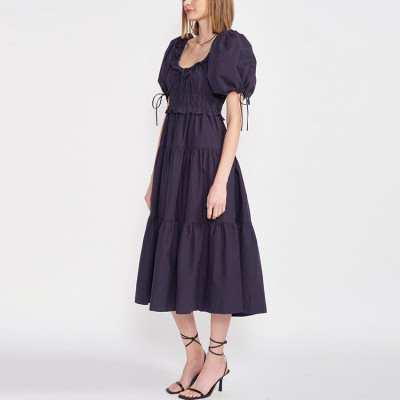 Women clothing short puff sleeve smocking waist ruffle detail black midi dresses women custom design