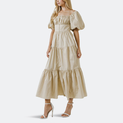 Wholesale short puff sleeve high waist ladies dress custom ruched detail button front maxi women dresses casual elegant