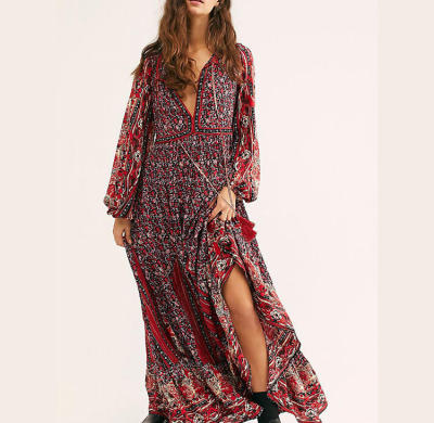 Bohemian style women casual long sleeve tassel neck tie loose maxi dresses