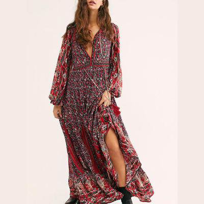 Bohemian style women casual long sleeve tassel neck tie loose maxi dresses