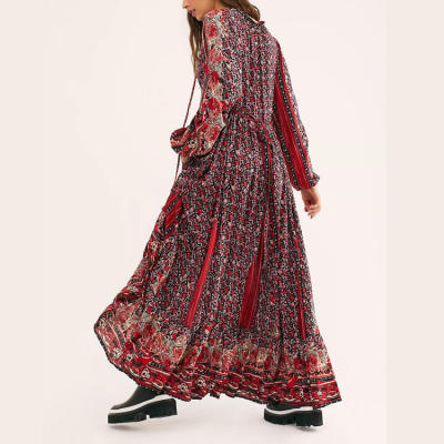 Bohemian style women casual long sleeve tassel neck tie loose maxi dresses