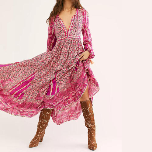 Bohemian style women casual long sleeve tassel neck tie loose maxi dresses