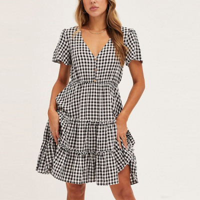 OEM service custom plaid short sleeve mini dress wholesale button front skater dresses women