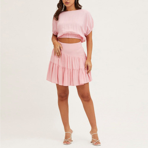 short sleeve cropped top and elasticated waist mini skirt two piece sets for women