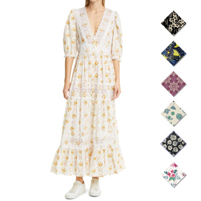 fashion wholesale ladies dress elegant customized women casual dresses casual dresses long dress  Deep V neck cotton women puff sleeve vacation dress