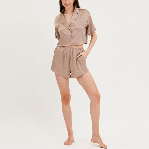 short sleeve shirt and elastic waist shorts two piece set custom women satin pajamas sets
