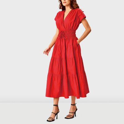 Casual A-line ladies dresses wholesale custom cotton poplin smocking waist pockets detail tiered women dresses elegant