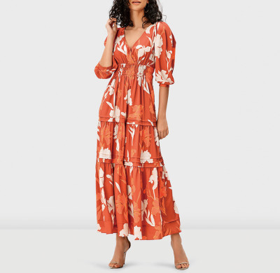 Custom printed design pattern side pockets dress elegant  wholesale short sleeve V-neck smocking waist tier maxi dresses