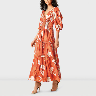 Custom printed design pattern side pockets dress elegant  wholesale short sleeve V-neck smocking waist tier maxi dresses