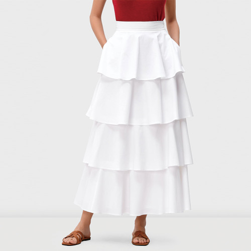 OEM wholesale ladies maxi skirt custom ruffle tier poplin cotton side pockets women skirts color white