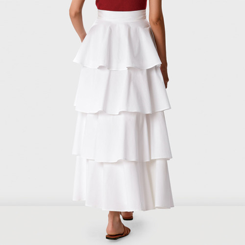 OEM wholesale ladies maxi skirt custom ruffle tier poplin cotton side pockets women skirts color white