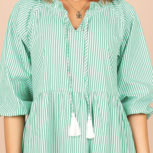 Fashion O-neck ruffle detail mini dress custom half sleeve front tie detail with tassel green stripe women cotton dresses