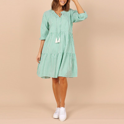 Fashion O-neck ruffle detail mini dress custom half sleeve front tie detail with tassel green stripe women cotton dresses