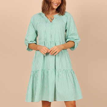 Fashion O-neck ruffle detail mini dress custom half sleeve front tie detail with tassel green stripe women cotton dresses
