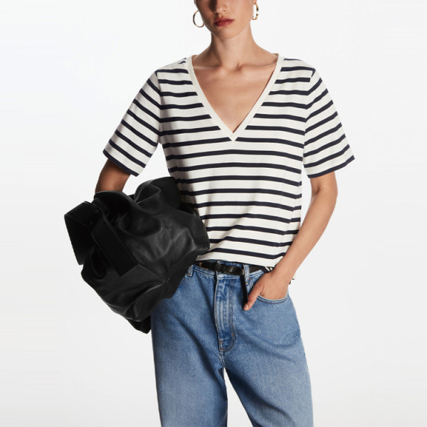 100% cotton casual t shirt fashion custom logo V-neck short sleeve women striped t shirts