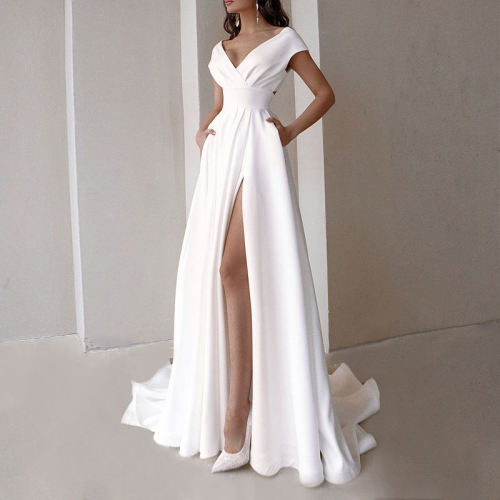 Custom | floor-length dresses | high split dresses | white dresses | Bare shoulder women wedding dresses | 2023 summer fashion dresses.