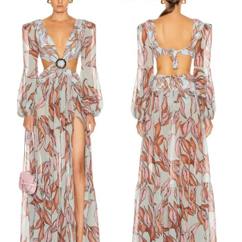 Custom dress | Floral dresses | Tie-Strap detail long dresses |  High split Long Sleeve dresses | Cutout sexy Dresses | 2023 summer fashion dresses.