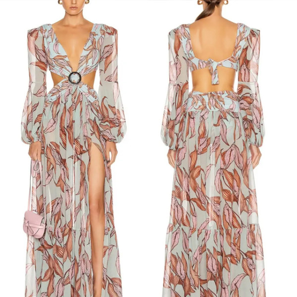 Custom dress | Floral dresses | Tie-Strap detail long dresses |  High split Long Sleeve dresses | Cutout sexy Dresses | 2023 summer fashion dresses.