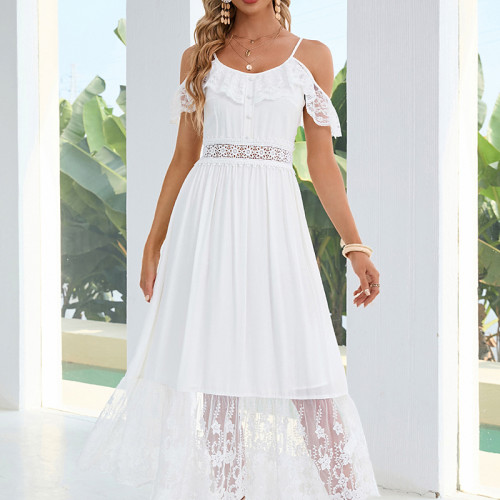 Custom | elegant party dresses | maxi dress | button front lace detail dresses | white long dresses | 2023 summer fashion dresses.
