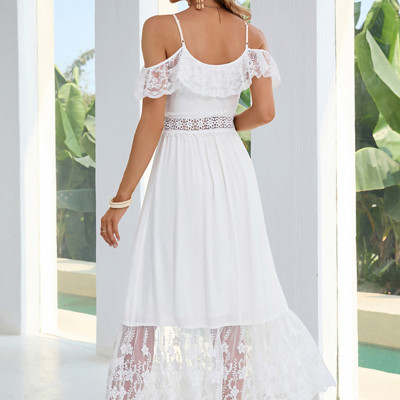 Custom | elegant party dresses | maxi dress | button front lace detail dresses | white long dresses | 2023 summer fashion dresses.