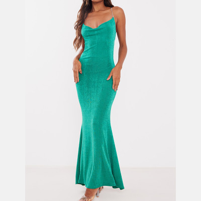 Custom | Green Slip Dresses | Diamante Strap Dresses | Acetate Fabric | Cowl Back Maxi Dress | New Arrival Women dresses.