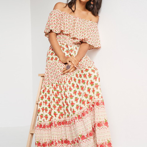 Custom | Rose Floral-Print Dresses | Temperament Casual Dress | Boat Necklines Length Dresses |  For summer 2023.