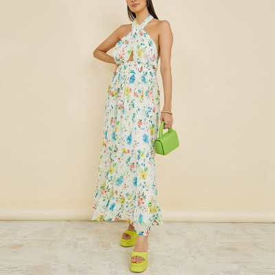 Custom | Floral-Print Dresses | Temperament Casual Dress | Slim Halter Neck Length Dresses |  For summer 2023.