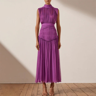 Custom Dresses | Chiffon Stand Up Collar Dresses | Solid Color Patchwork Dresses | Elegant Slim Dresses | Lenth Business Dresses