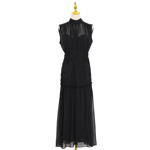 Custom Dresses | Chiffon Stand Up Collar Dresses | Solid Color Patchwork Dresses | Elegant Slim Dresses | Lenth Business Dresses