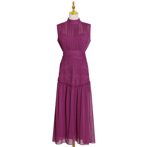 Custom Dresses | Chiffon Stand Up Collar Dresses | Solid Color Patchwork Dresses | Elegant Slim Dresses | Lenth Business Dresses